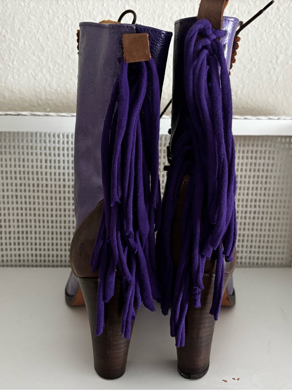 Custom FRYE Purple, Green & Brown Lace-Up Fringe Leather Boots - Picture 8 of 13